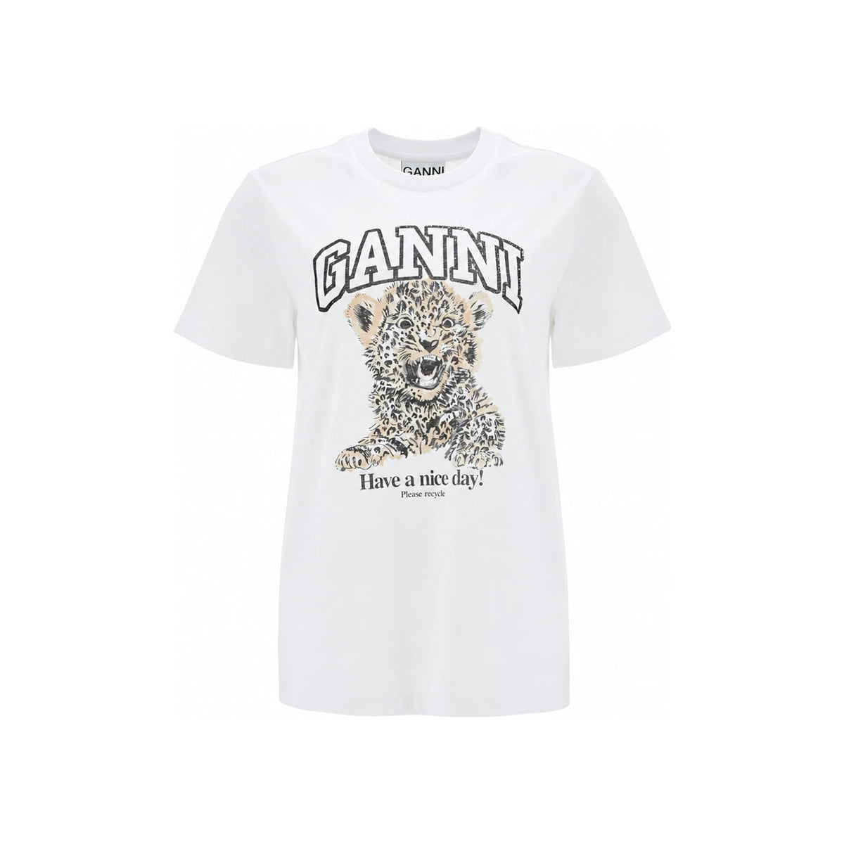 GANNI Tiger Graphic Relaxed Fit Short Sleeve T-Shirt White T4124
