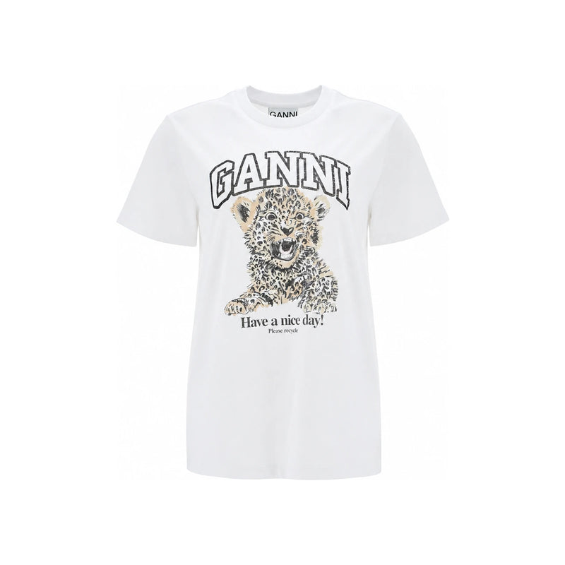 GANNI Tiger Graphic Relaxed Fit Short Sleeve T-Shirt White T4124