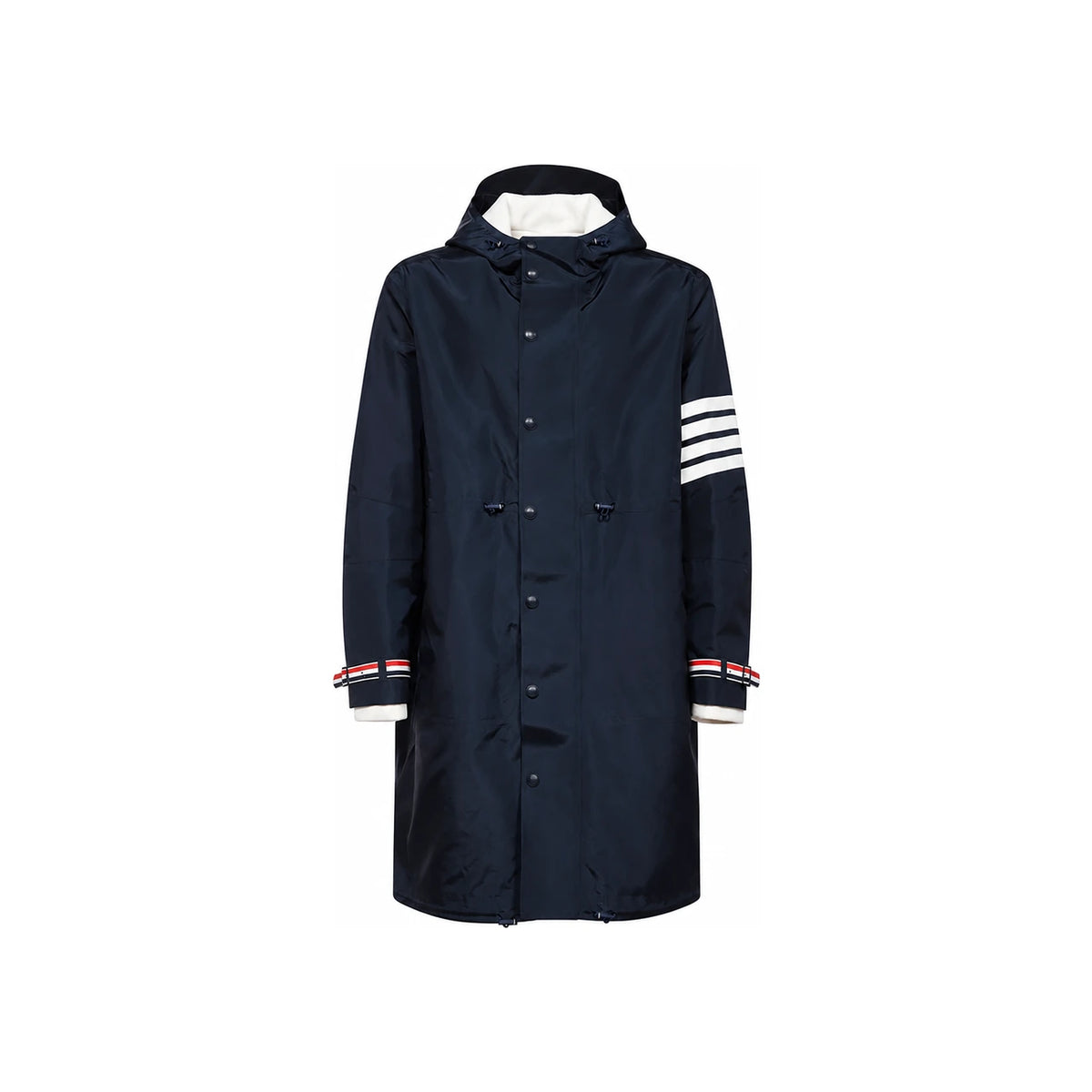 THOM BROWNE Navy Hooded Long Jacket with Armband Trim for Men MKJ089A Y1018 415